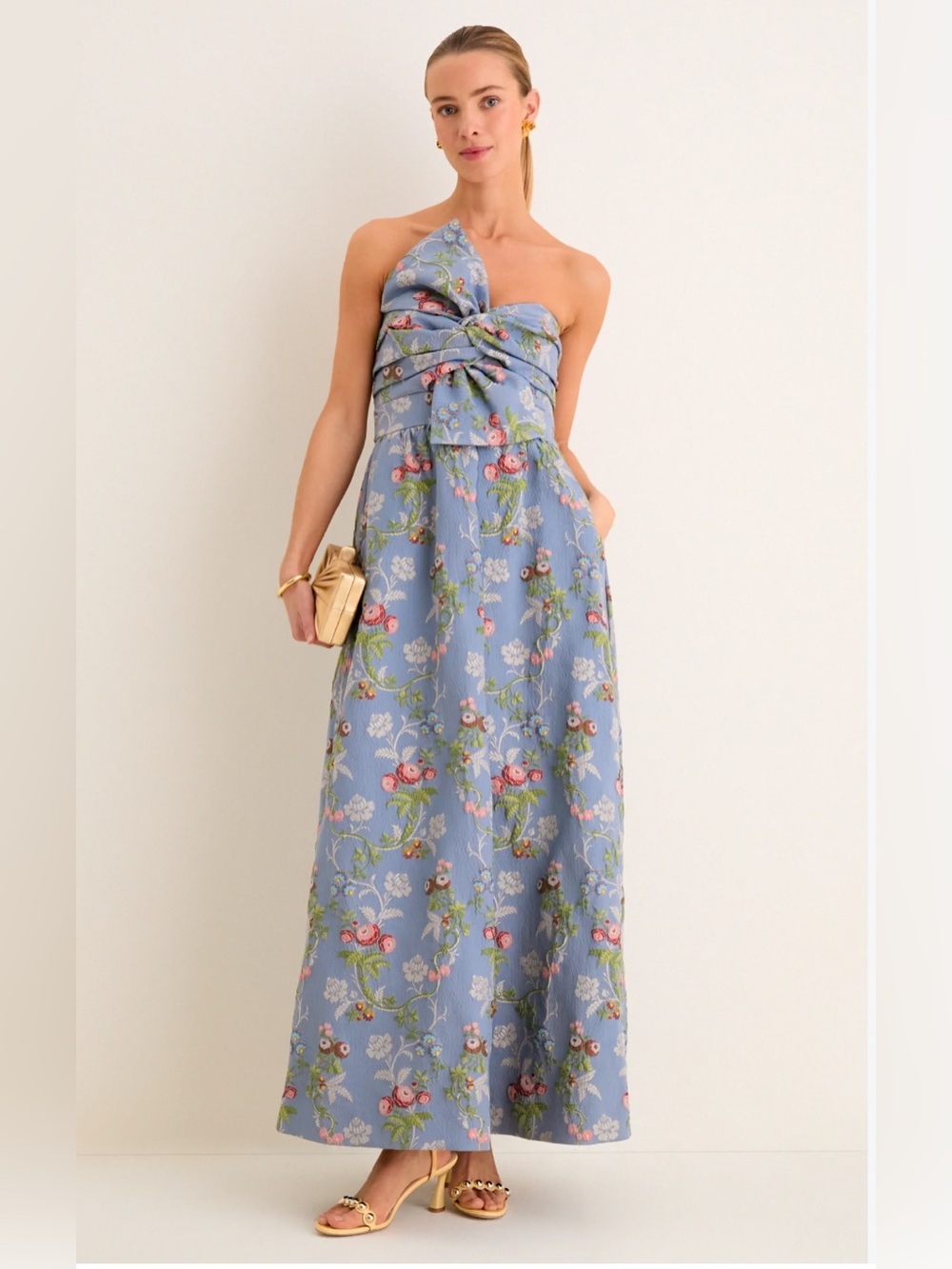 Tuckernuck Kathleen Jacquard Blue Floral Strapless Maxi with Front Knot